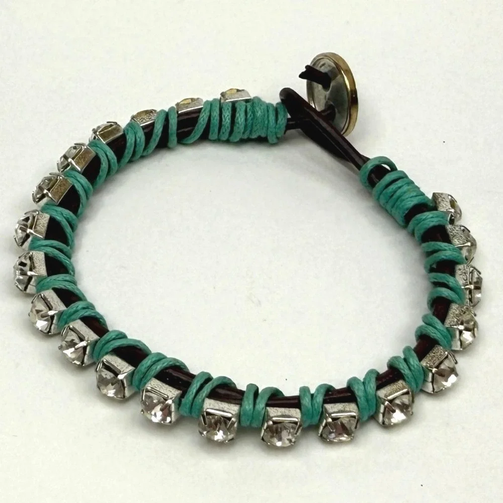 Crystal Rhinestone Bracelet Teal Wrap Button Closure Boho Chic Jewelry 6.5